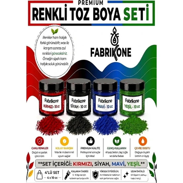 Toz Mum Boyası Seti 10 cc 4’lü – Soya & Parafin Wax Için – Kırmızı, Siyah, Mavi, Yeşil BKFAB4KSMY10G ürün görseli 1