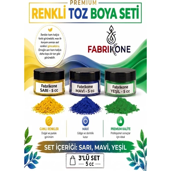 3'lü Set Premium Parafin Soya Wax Toz Mum Boyası Hobi Seti - 5 cc (Sarı, Mavi, Yeşil) BKFAB3SRMY5G ürün görseli 1