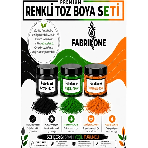 3'lü Set Premium Parafin Soya Wax Toz Mum Boyası Hobi Seti - 10 cc (Siyah, Yeşil, Turuncu) BKFAB3SYT10G ürün görseli 1