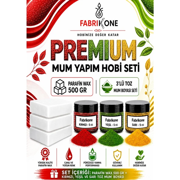 Premium Mum Yapım Hobi Seti - Parafin Wax 500 gr - 3'lü Toz Mum Boyası Seti - Kırmızı, Yeşil, Sarı BKFABPW5003KYSR ürün görseli 1