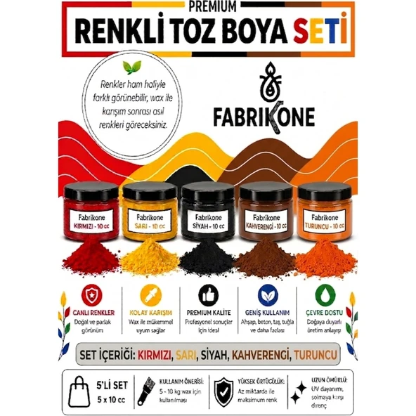 Toz Mum Boyası Seti 10 cc 5'li – Soya & Parafin Wax Için – Kırmızı, Sarı, Siyah, Kahverengi, Turuncu BKFAB5KSRSKHT10G ürün görseli 1