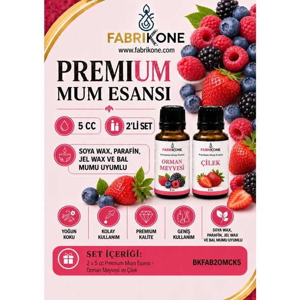 Premium Mum Esansı 5 cc 2'li Set - Orman Meyvesi, Çilek - Soya Wax, Parafin, Jel Wax ve Bal Mumu Uyumlu BKFAB2OMCK5 ürün görseli 1