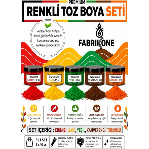 Toz Mum Boyası Seti 10 cc 5'li – Soya & Parafin Wax Için – Kırmızı, Sarı, Yeşil, Kahverengi, Turuncu BKFAB5KSRYKHT10G ürün görseli 1