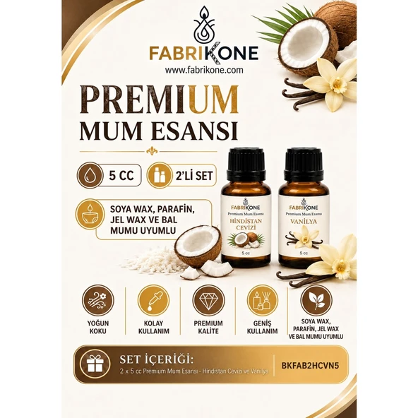 Premium Mum Esansı 5 cc 2'li Set - Hindistan Cevizi, Vanilya - Soya Wax, Parafin, Jel Wax ve Bal Mumu Uyumlu BKFAB2HCVN5 ürün görseli 1