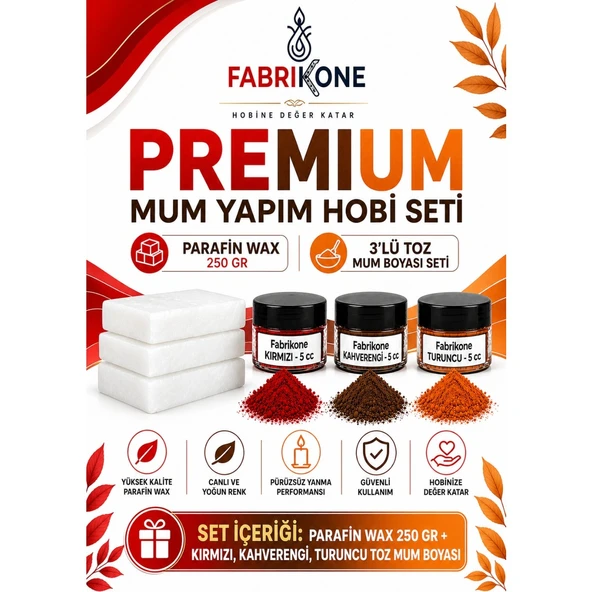 Premium Mum Yapım Hobi Seti - Parafin Wax 250 gr - 3'lü Toz Mum Boyası Seti - Kırmızı, Kahverengi, Turuncu BKFABPW2503KKHT ürün görseli 1