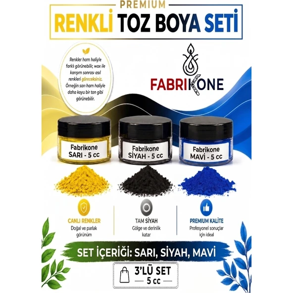 3'lü Set Premium Parafin Soya Wax Toz Mum Boyası Hobi Seti - 5 cc (Sarı, Siyah, Mavi) BKFAB3SRSM5G ürün görseli 1