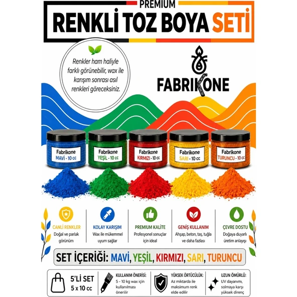 Toz Mum Boyası Seti 10 cc 5'li – Soya & Parafin Wax Için – Kırmızı, Sarı, Mavi, Yeşil, Turuncu BKFAB5KSRMYT10G ürün görseli 1