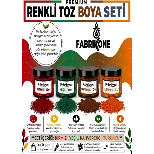 Toz Mum Boyası Seti 10 cc 4’lü – Soya & Parafin Wax Için – Kırmızı, Yeşil, Kahverengi, Turuncu BKFAB4KYKHT10G ürün görseli 1