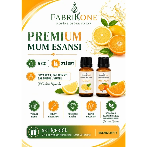 Premium Mum Esansı 5 cc 2'li Set - Limon, Portakal - Soya Wax, Parafin, Jel Wax ve Bal Mumu Uyumlu BKFAB2LMPT5 ürün görseli 1
