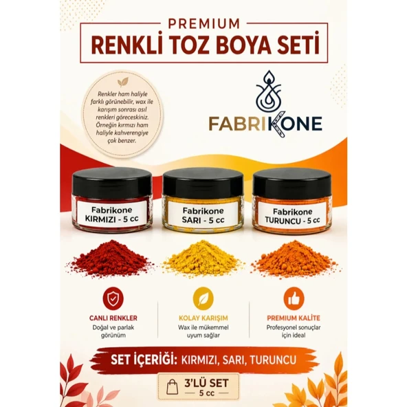 3'lü Set Premium Parafin Soya Wax Toz Mum Boyası Hobi Seti - 5 cc (Kırmızı, Sarı, Turuncu) BKFAB3KSRT5G ürün görseli 1