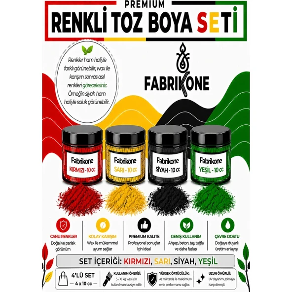 Toz Mum Boyası Seti 10 cc 4’lü – Soya & Parafin Wax Için – Kırmızı, Sarı, Mavi, Yeşil BKFAB4KSRMY10G ürün görseli 1