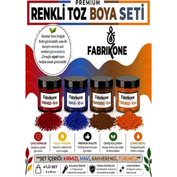Toz Mum Boyası Seti 10 cc 4’lü – Soya & Parafin Wax Için – Kırmızı, Mavi, Kahverengi, Turuncu BKFAB4KMKHT10G ürün görseli 1