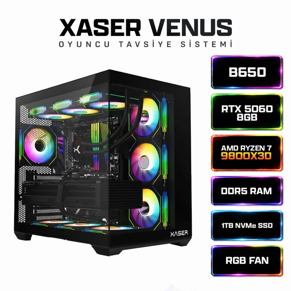 Xaser Venus X80 Ryzen 7 9800X3D 16GB DDR5 Ram 1TB M.2 NVMe SSD 8GB RTX5060 Sıvı Soğutmalı Oyuncu Bilgisayar ürün görseli 1