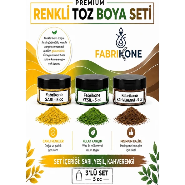 3'lü Set Premium Parafin Soya Wax Toz Mum Boyası Hobi Seti - 5 cc (Sarı, Yeşil, Kahverengi) BKFAB3SRYKH5G ürün görseli 1
