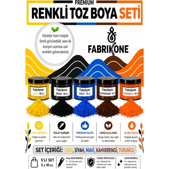 Toz Mum Boyası Seti 10 cc 5'li – Soya & Parafin Wax Için – Sarı, Siyah, Mavi, Kahverengi, Turuncu BKFAB5SRSMKHT10G ürün görseli 1