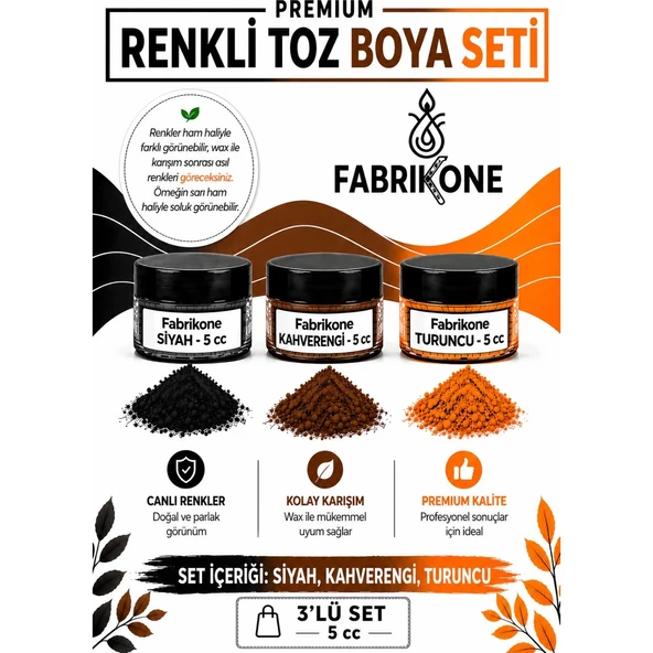 3'lü Set Premium Parafin Soya Wax Toz Mum Boyası Hobi Seti - 5 cc (Siyah, Kahverengi, Turuncu) BKFAB3SKHT5G ürün görseli 1