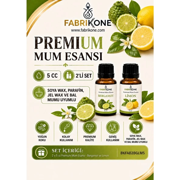 Premium Mum Esansı 5 cc 2'li Set - Bergamot, Limon - Soya Wax, Parafin, Jel Wax ve Bal Mumu Uyumlu BKFAB2BGLM5 ürün görseli 1