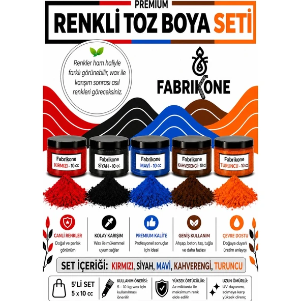 Toz Mum Boyası Seti 10 cc 5'li – Soya & Parafin Wax Için – Kırmızı, Siyah, Mavi, Kahverengi, Turuncu BKFAB5KSMKHT10G ürün görseli 1
