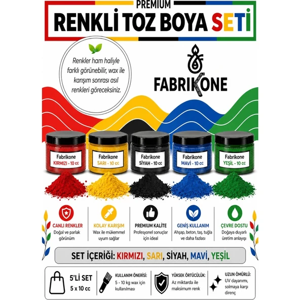 Toz Mum Boyası Seti 10 cc 5'li – Soya & Parafin Wax Için – Kırmızı, Sarı, Siyah, Mavi, Yeşil BKFAB5KSRSMY10G ürün görseli 1