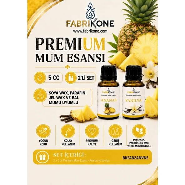 Premium Mum Esansı 5 cc 2'li Set - Ananas, Vanilya - Soya Wax, Parafin, Jel Wax ve Bal Mumu Uyumlu BKFAB2ANVN5 ürün görseli 1