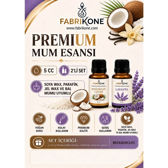 Premium Mum Esansı 5 cc 2'li Set - Hindistan Cevizi, Lavanta - Soya Wax, Parafin, Jel Wax ve Bal Mumu Uyumlu BKFAB2HCLV5 ürün görseli 1