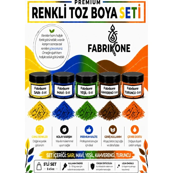 5'li Set Premium Parafin Soya Wax Toz Mum Boyası Hobi Seti - 5 cc (Sarı, Mavi, Yeşil, Kahverengi, Turuncu) BKFAB5SRMYKHT5G ürün görseli 1