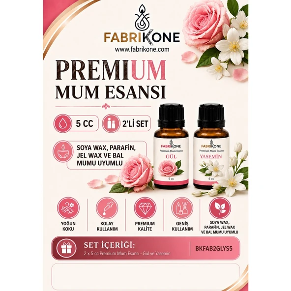 Premium Mum Esansı 5 cc 2'li Set - Gül, Yasemin - Soya Wax, Parafin, Jel Wax ve Bal Mumu Uyumlu BKFAB2GLYS5 ürün görseli 1