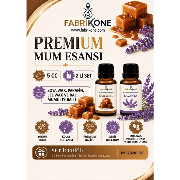 Premium Mum Esansı 5 cc 2'li Set - Karamel, Lavanta - Soya Wax, Parafin, Jel Wax ve Bal Mumu Uyumlu BKFAB2KRLV5 ürün görseli 1