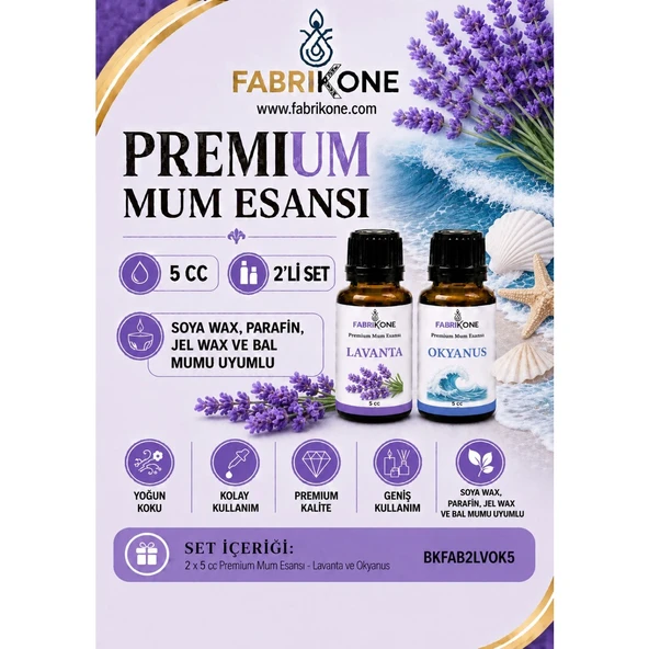 Premium Mum Esansı 5 cc 2'li Set - Lavanta, Okyanus - Soya Wax, Parafin, Jel Wax ve Bal Mumu Uyumlu BKFAB2LVOK5 ürün görseli 1