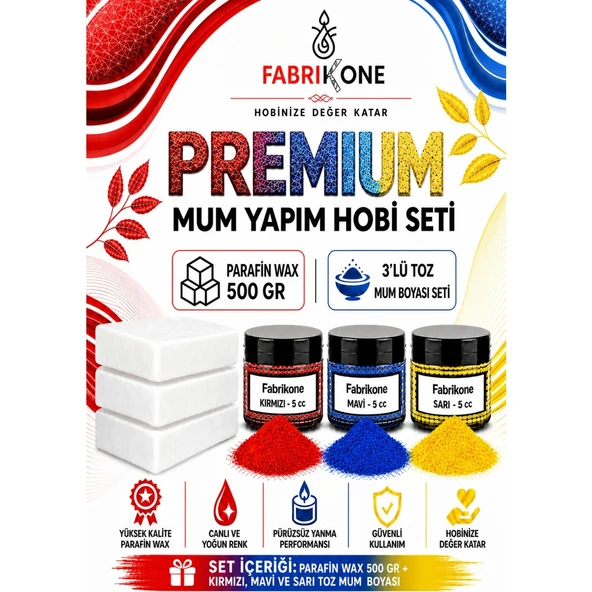 Premium Mum Yapım Hobi Seti - Parafin Wax 500 gr - 3'lü Toz Mum Boyası Seti - Kırmızı, Mavi, Sarı BKFABPW5003KMSR ürün görseli 1