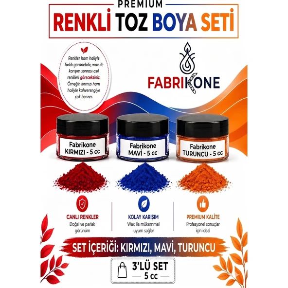 3'lü Set Premium Parafin Soya Wax Toz Mum Boyası Hobi Seti - 5 cc (Kırmızı, Mavi, Turuncu) BKFAB3KMT5G ürün görseli 1