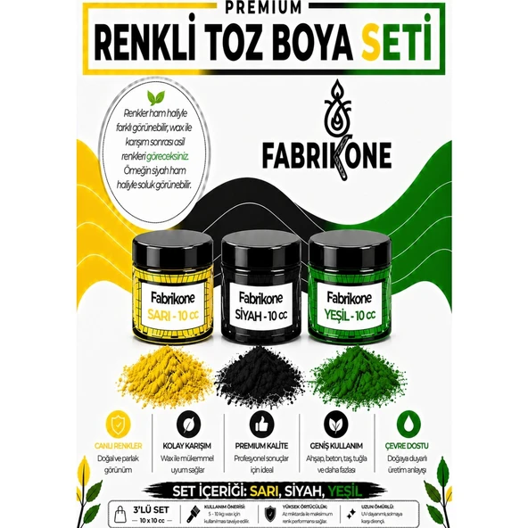 3'lü Set Premium Parafin Soya Wax Toz Mum Boyası Hobi Seti - 10 cc (Sarı, Siyah, Yeşil) BKFAB3SRSY10G ürün görseli 1