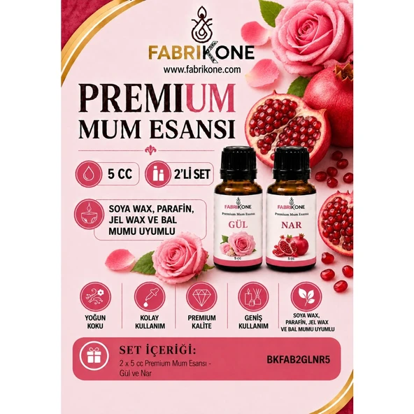 Premium Mum Esansı 5 cc 2'li Set - Gül, Nar - Soya Wax, Parafin, Jel Wax ve Bal Mumu Uyumlu BKFAB2GLNR5 ürün görseli 1