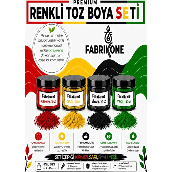 Toz Mum Boyası Seti 10 cc 4’lü – Soya & Parafin Wax Için – Kırmızı, Sarı, Siyah, Yeşil BKFAB4KSRSY10G ürün görseli 1