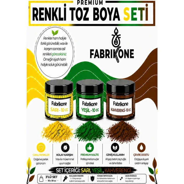 3'lü Set Premium Parafin Soya Wax Toz Mum Boyası Hobi Seti - 10 cc (Sarı, Yeşil, Kahverengi) BKFAB3SRYKH10G ürün görseli 1