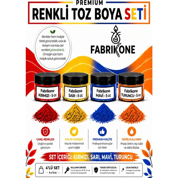 4'lü Set Premium Parafin Soya Wax Toz Mum Boyası Hobi Seti - 5 cc (Kırmızı, Sarı, Mavi, Turuncu) BKFAB4KSRMT5G ürün görseli 1