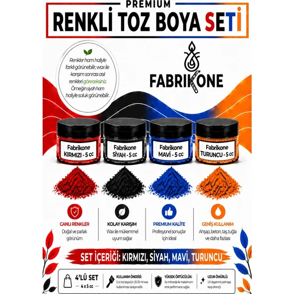 4'lü Set Premium Parafin Soya Wax Toz Mum Boyası Hobi Seti - 5 cc (Kırmızı, Siyah, Mavi, Turuncu) BKFAB4KSMT5G ürün görseli 1