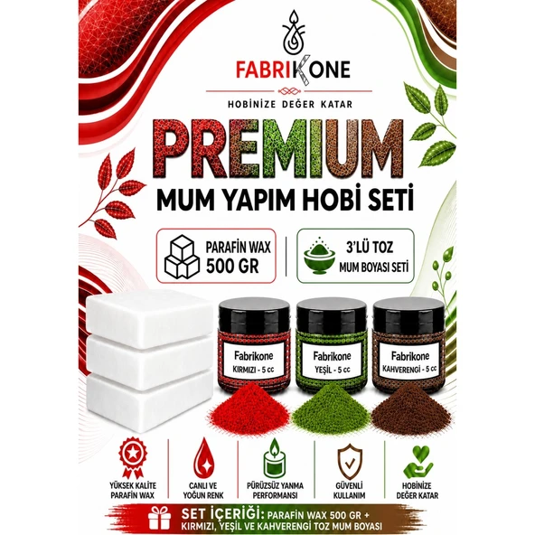 Premium Mum Yapım Hobi Seti - Parafin Wax 500 gr - 3'lü Toz Mum Boyası Seti - Kırmızı, Yeşil, Kahverengi BKFABPW5003KYKH ürün görseli 1