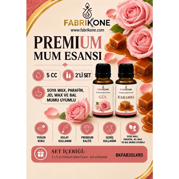 Premium Mum Esansı 5 cc 2'li Set - Gül, Karamel - Soya Wax, Parafin, Jel Wax ve Bal Mumu Uyumlu BKFAB2GLKR5 ürün görseli 1