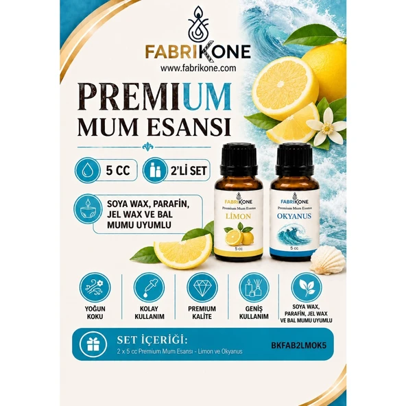 Premium Mum Esansı 5 cc 2'li Set - Limon, Okyanus - Soya Wax, Parafin, Jel Wax ve Bal Mumu Uyumlu BKFAB2LMOK5 ürün görseli 1