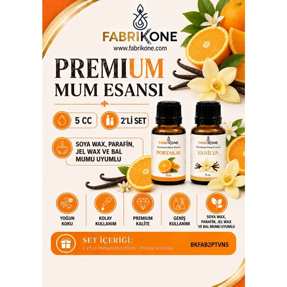 Premium Mum Esansı 5 cc 2'li Set - Portakal, Vanilya - Soya Wax, Parafin, Jel Wax ve Bal Mumu Uyumlu BKFAB2PTVN5 ürün görseli 1
