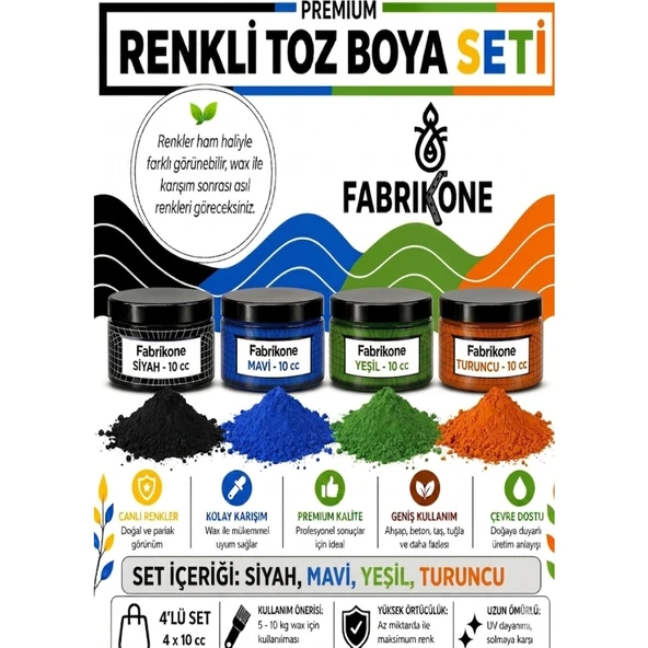 Toz Mum Boyası Seti 10 cc 4’lü – Soya & Parafin Wax Için – Siyah, Mavi, Yeşil, Turuncu BKFAB4SMYT10G ürün görseli 1
