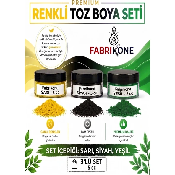 3'lü Set Premium Parafin Soya Wax Toz Mum Boyası Hobi Seti - 5 cc (Sarı, Siyah, Yeşil) BKFAB3SRSY5G ürün görseli 1
