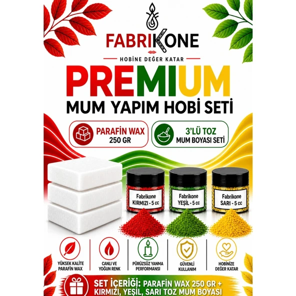 Premium Mum Yapım Hobi Seti - Parafin Wax 250 gr - 3'lü Toz Mum Boyası Seti - Kırmızı, Yeşil, Sarı BKFABPW2503KYSR ürün görseli 1