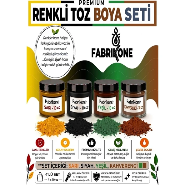 Toz Mum Boyası Seti 10 cc 4’lü – Soya & Parafin Wax Için – Sarı, Siyah, Yeşil, Kahverengi BKFAB4SRSYKH10G ürün görseli 1