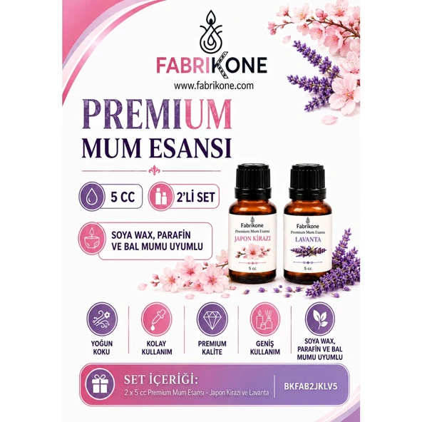 Premium Mum Esansı 5 cc 2'li Set - Japon Kirazı, Lavanta - Soya Wax, Parafin, Jel Wax ve Bal Mumu Uyumlu BKFAB2JKLV5 ürün görseli 1