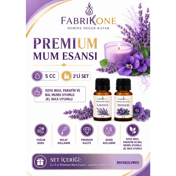 Premium Mum Esansı 5 cc 2'li Set - Lavanta, Menekşe - Soya Wax, Parafin, Jel Wax ve Bal Mumu Uyumlu BKFAB2LVME5 ürün görseli 1