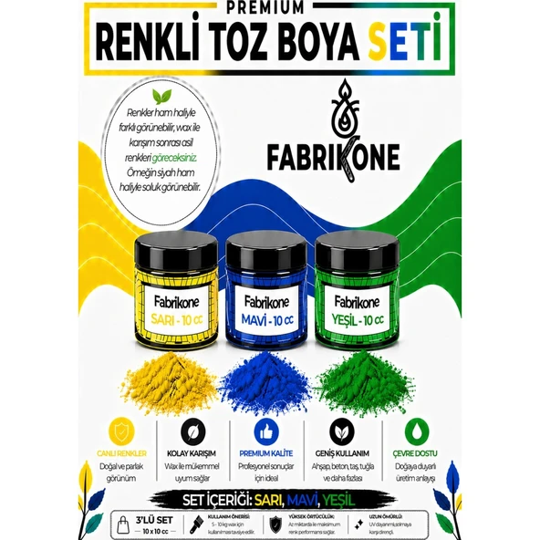 3'lü Set Premium Parafin Soya Wax Toz Mum Boyası Hobi Seti - 10 cc (Sarı, Mavi, Yeşil) BKFAB3SRMY10G ürün görseli 1