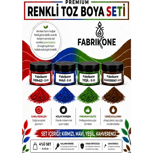 4'lü Set Premium Parafin Soya Wax Toz Mum Boyası Hobi Seti - 5 cc (Kırmızı, Mavi, Yeşil, Kahverengi) BKFAB4KMYKH5G ürün görseli 1