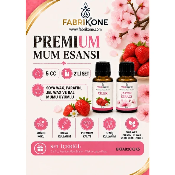 Premium Mum Esansı 5 cc 2'li Set - Çilek, Japon Kirazı - Soya Wax, Parafin, Jel Wax ve Bal Mumu Uyumlu BKFAB2CKJK5 ürün görseli 1